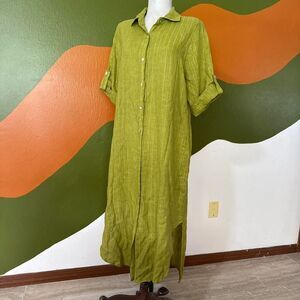 Puro Lino Italian Linen Maxi Shirt Dress Green Striped Fairycore Lagenlook Boho